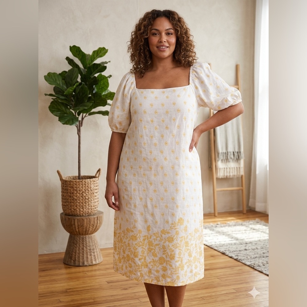 LC Lauren Conrad White & Yellow Square Neck Puff Sleeve Midi Dress